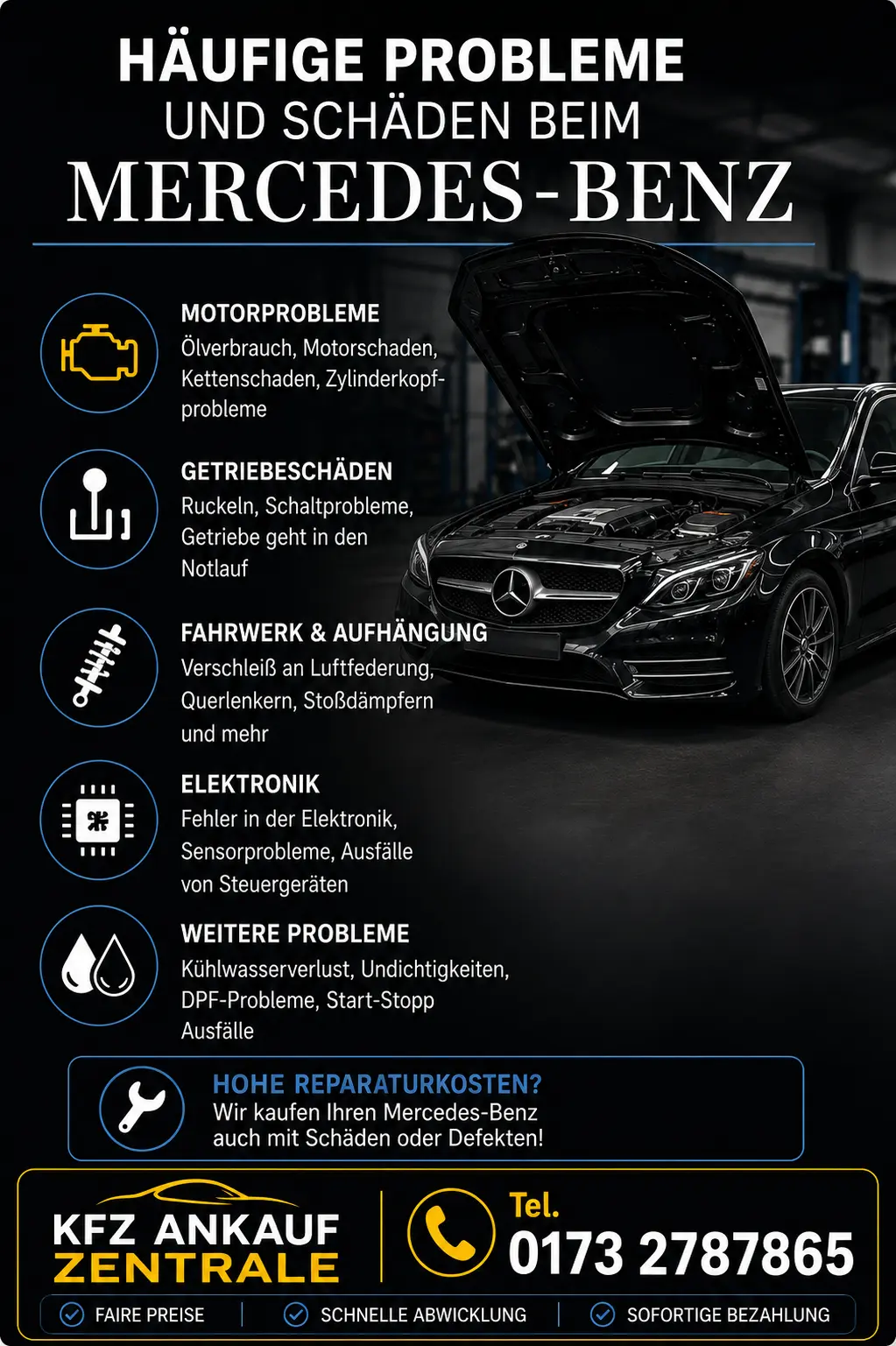 Mercedes-Benz mit häufigen Problemen, Motorschaden oder Getriebeschaden sicher und zum fairen Preis verkaufen