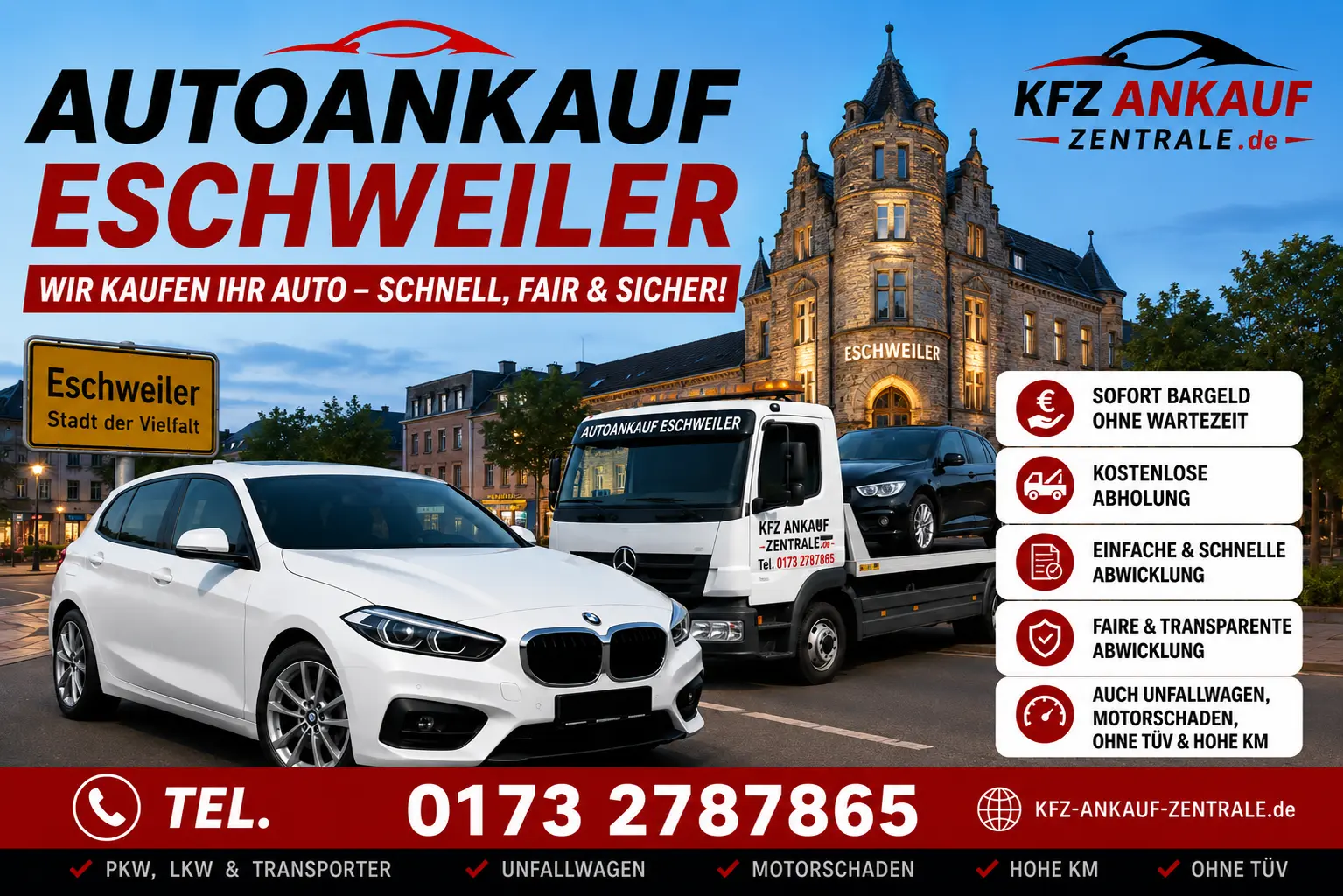 Autoankauf Eschweiler – Fahrzeugankauf mit Abschleppwagen kostenloser Abholung, Mercedes-Benz, BMW, Fiat