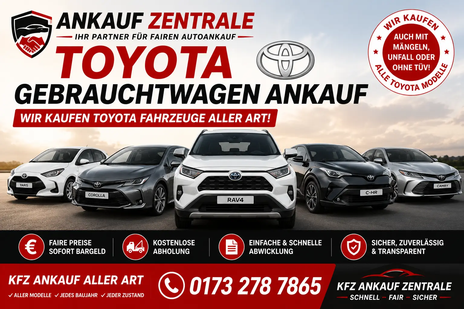 Toyota Auto verkaufen – KFZ Ankauf Zentrale kauft Toyota Fahrzeuge aller Modelle zu fairen Preisen, Corolla, Yaris, Rav4, Camry
